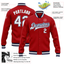 Load image into Gallery viewer, Custom Red White Navy-Gray Bomber Full-Snap Varsity Letterman Jacket
