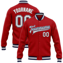 Load image into Gallery viewer, Custom Red White Navy-Gray Bomber Full-Snap Varsity Letterman Jacket
