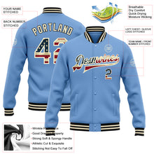 Загрузить изображение в средство просмотра галереи, Custom Light Blue Vintage USA Flag Cream-Black Bomber Full-Snap Varsity Letterman Jacket
