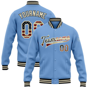 Custom Light Blue Vintage USA Flag Cream-Black Bomber Full-Snap Varsity Letterman Jacket