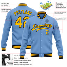 Load image into Gallery viewer, Custom Light Blue Gold-Black Bomber Full-Snap Varsity Letterman Jacket
