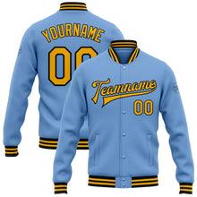 Load image into Gallery viewer, Custom Light Blue Gold-Black Bomber Full-Snap Varsity Letterman Jacket
