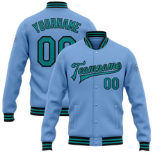 Load image into Gallery viewer, Custom Light Blue Teal-Black Bomber Full-Snap Varsity Letterman Jacket
