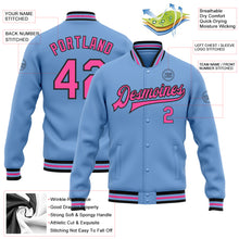 Laden Sie das Bild in den Galerie-Viewer, Custom Light Blue Pink-Black Bomber Full-Snap Varsity Letterman Jacket
