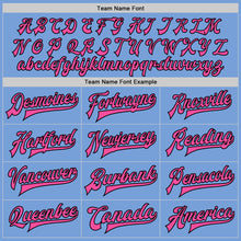 Laden Sie das Bild in den Galerie-Viewer, Custom Light Blue Pink-Black Bomber Full-Snap Varsity Letterman Jacket
