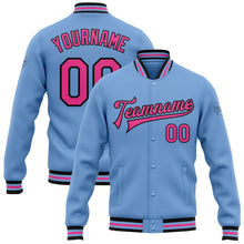 Laden Sie das Bild in den Galerie-Viewer, Custom Light Blue Pink-Black Bomber Full-Snap Varsity Letterman Jacket
