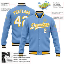 Загрузить изображение в средство просмотра галереи, Custom Light Blue White Gold-Black Bomber Full-Snap Varsity Letterman Jacket
