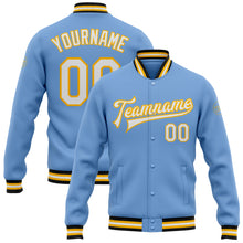 Загрузить изображение в средство просмотра галереи, Custom Light Blue White Gold-Black Bomber Full-Snap Varsity Letterman Jacket
