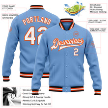 Загрузить изображение в средство просмотра галереи, Custom Light Blue White Orange-Black Bomber Full-Snap Varsity Letterman Jacket
