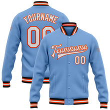 Загрузить изображение в средство просмотра галереи, Custom Light Blue White Orange-Black Bomber Full-Snap Varsity Letterman Jacket
