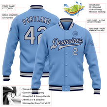 Load image into Gallery viewer, Custom Light Blue Gray-Navy Bomber Full-Snap Varsity Letterman Jacket
