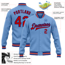 Load image into Gallery viewer, Custom Light Blue Red-Royal Bomber Full-Snap Varsity Letterman Jacket
