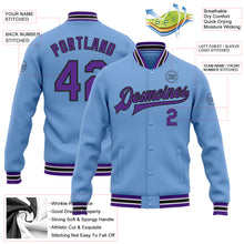 Load image into Gallery viewer, Custom Light Blue Purple-Black Bomber Full-Snap Varsity Letterman Jacket
