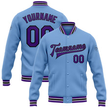 Load image into Gallery viewer, Custom Light Blue Purple-Black Bomber Full-Snap Varsity Letterman Jacket

