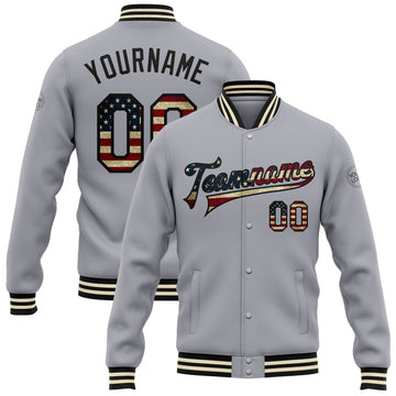 Custom Gray Vintage USA Flag Black-Cream Bomber Full-Snap Varsity Letterman Jacket