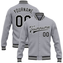 Load image into Gallery viewer, Custom Gray Black-White Bomber Full-Snap Varsity Letterman Jacket
