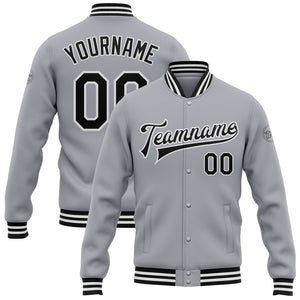 Custom Gray Black-White Bomber Full-Snap Varsity Letterman Jacket