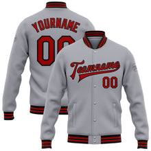 Load image into Gallery viewer, Custom Gray Red-Black Bomber Full-Snap Varsity Letterman Jacket
