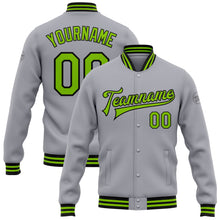 Charger l&#39;image dans la galerie, Custom Gray Neon Green-Black Bomber Full-Snap Varsity Letterman Jacket
