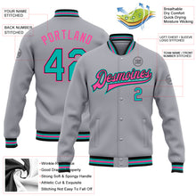 Загрузить изображение в средство просмотра галереи, Custom Gray Aqua Black-Pink Bomber Full-Snap Varsity Letterman Jacket
