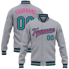 Загрузить изображение в средство просмотра галереи, Custom Gray Aqua Black-Pink Bomber Full-Snap Varsity Letterman Jacket
