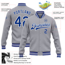 Загрузить изображение в средство просмотра галереи, Custom Gray Royal-White Bomber Full-Snap Varsity Letterman Jacket
