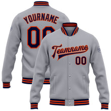 Load image into Gallery viewer, Custom Gray Navy-Orange Bomber Full-Snap Varsity Letterman Jacket
