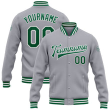 Load image into Gallery viewer, Custom Gray Kelly Green-White Bomber Full-Snap Varsity Letterman Jacket
