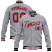 Charger l&#39;image dans la galerie, Custom Gray Red-Black Bomber Full-Snap Varsity Letterman Jacket
