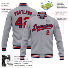 Загрузить изображение в средство просмотра галереи, Custom Gray Red-Navy Bomber Full-Snap Varsity Letterman Jacket
