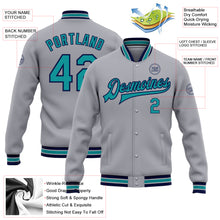 Load image into Gallery viewer, Custom Gray Teal-Navy Bomber Full-Snap Varsity Letterman Jacket
