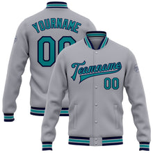 Load image into Gallery viewer, Custom Gray Teal-Navy Bomber Full-Snap Varsity Letterman Jacket
