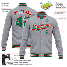Laden Sie das Bild in den Galerie-Viewer, Custom Gray Kelly Green-Red Bomber Full-Snap Varsity Letterman Jacket
