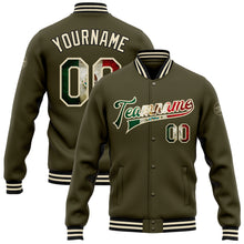 Laden Sie das Bild in den Galerie-Viewer, Custom Olive Vintage Mexican Flag Cream-Black Bomber Full-Snap Varsity Letterman Salute To Service Jacket
