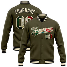 Load image into Gallery viewer, Custom Olive Vintage Mexican Flag Cream-Black Bomber Full-Snap Varsity Letterman Salute To Service Jacket
