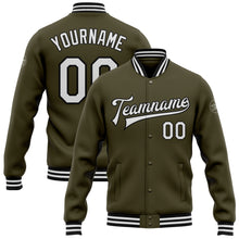 Load image into Gallery viewer, Custom Olive White-Black Bomber Full-Snap Varsity Letterman Salute To Service Jacket
