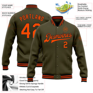 Custom Olive Orange-Black Bomber Full-Snap Varsity Letterman Salute To Service Jacket