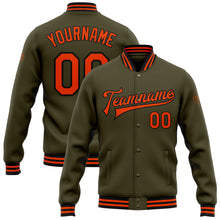 Laden Sie das Bild in den Galerie-Viewer, Custom Olive Orange-Black Bomber Full-Snap Varsity Letterman Salute To Service Jacket
