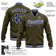 Laden Sie das Bild in den Galerie-Viewer, Custom Olive Navy-White Bomber Full-Snap Varsity Letterman Salute To Service Jacket
