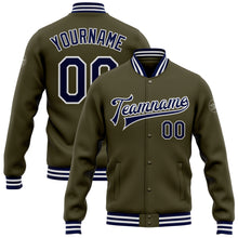 Load image into Gallery viewer, Custom Olive Navy-White Bomber Full-Snap Varsity Letterman Salute To Service Jacket
