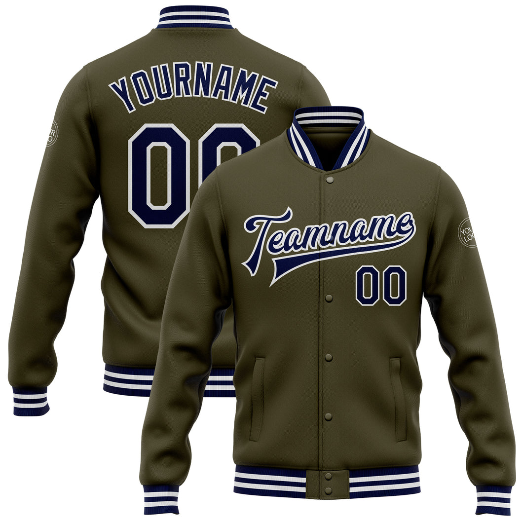 Custom Olive Navy-White Bomber Full-Snap Varsity Letterman Salute To Service Jacket