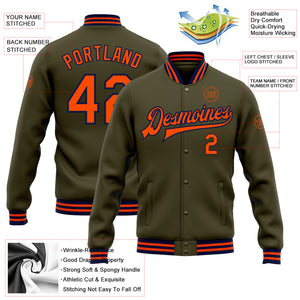 Custom Olive Orange-Navy Bomber Full-Snap Varsity Letterman Salute To Service Jacket