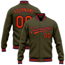 Загрузить изображение в средство просмотра галереи, Custom Olive Orange-Navy Bomber Full-Snap Varsity Letterman Salute To Service Jacket
