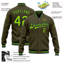 Laden Sie das Bild in den Galerie-Viewer, Custom Olive Neon Green-Navy Bomber Full-Snap Varsity Letterman Salute To Service Jacket
