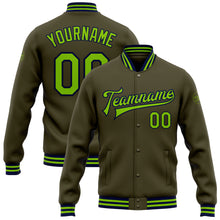 Load image into Gallery viewer, Custom Olive Neon Green-Navy Bomber Full-Snap Varsity Letterman Salute To Service Jacket
