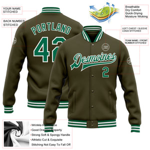 Custom Olive Kelly Green-White Bomber Full-Snap Varsity Letterman Salute To Service Jacket