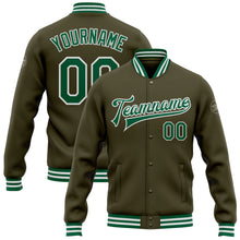 Load image into Gallery viewer, Custom Olive Kelly Green-White Bomber Full-Snap Varsity Letterman Salute To Service Jacket
