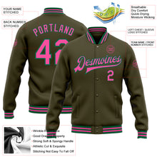 Laden Sie das Bild in den Galerie-Viewer, Custom Olive Pink-Kelly Green Bomber Full-Snap Varsity Letterman Salute To Service Jacket
