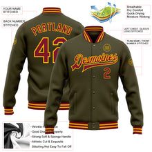 Загрузить изображение в средство просмотра галереи, Custom Olive Crimson-Gold Bomber Full-Snap Varsity Letterman Salute To Service Jacket
