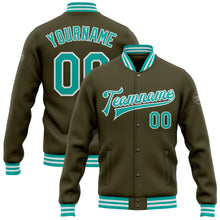 Laden Sie das Bild in den Galerie-Viewer, Custom Olive Aqua-White Bomber Full-Snap Varsity Letterman Salute To Service Jacket
